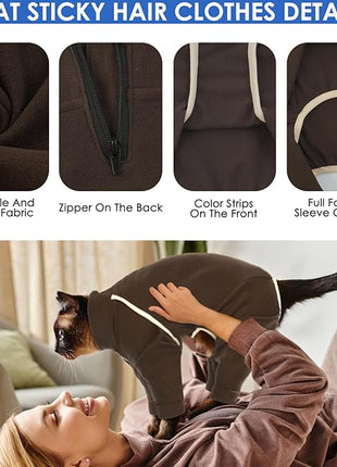 Cat Pajamas - Coffee, L - Prevents Hair Loss, Sticky Hair Clothes, Sphynx Clothes, Anti-Licking or Skin Disease Recovery Suit for Female Cats, Pet Apparel Onesie