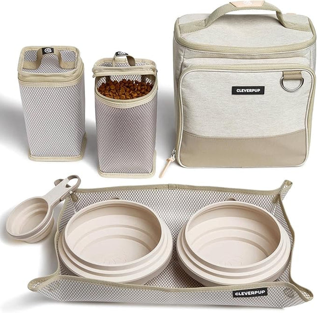 Large 7-Piece Bistro Box Dog Food Travel Kit, 12-Cup Kibble Storage, 2 Silicone Bowls, Mat & Scoop - Premium Portable Pet Food Kit for Weekends, Overnights, Daycare & Camping, Sand