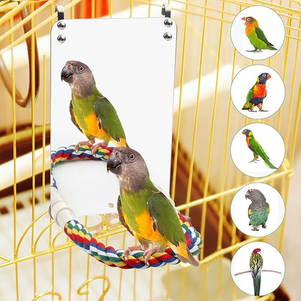 9.4‘’ Bird Mirror for Cage, Coolrunner Bird Parrot Mirror with Rope for Cockatiel Conures, Lovebirds, Parrot, Canaries, and Budgies