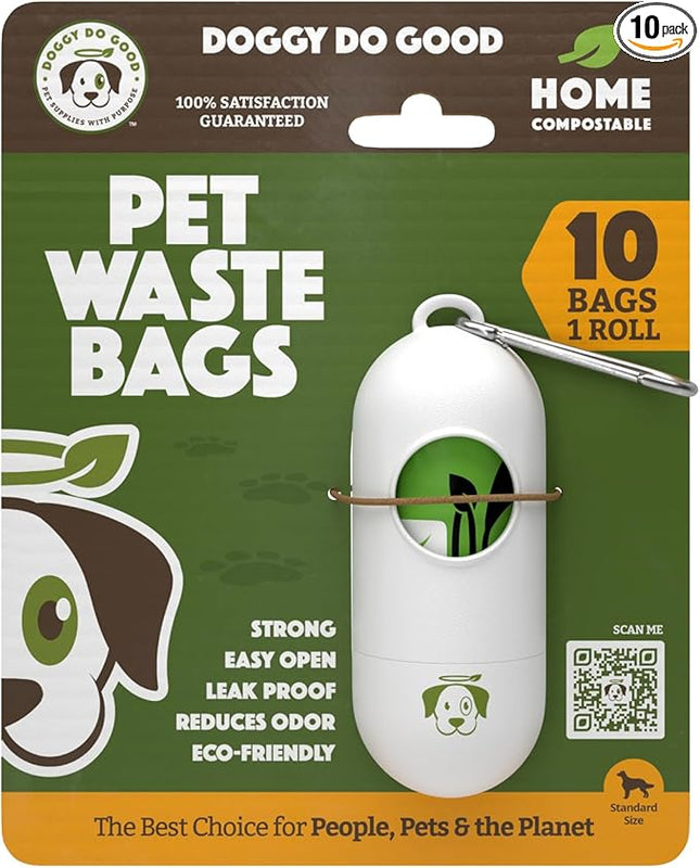 Doggy Do Good Poop Waste Bags, Unscented USDA Certified Biobased, Leak Proof, Certified Home Compostable, 10 Bags with Premium Dispenser