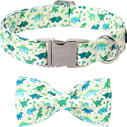 Lionet Paws Dinosaur Dog Collar with Bowtie, Cute Summer Beige Dog Collar for Girl for Small Dogs, Adjustable Cotton Pet Puppy Collars for Small Dogs