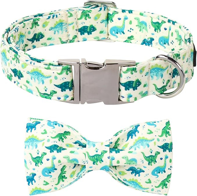 Lionet Paws Dinosaur Dog Collar with Bowtie, Cute Summer Beige Dog Collar for Girl for Small Dogs, Adjustable Cotton Pet Puppy Collars for Small Dogs