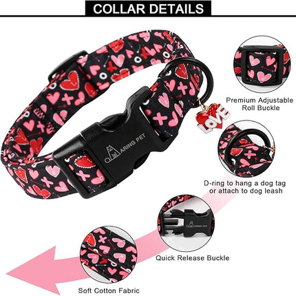 ARING PET Valentine's Day Dog Collar, Cute Black Red Pink Heart Pet Collars with Love Pendant for Puppy Small Medium Large Boy Girl Dogs-S