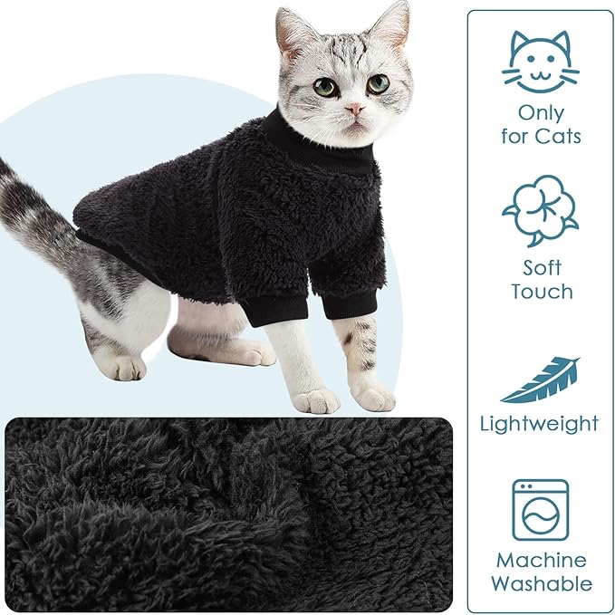SUNFURA Sphynx Cat Sweater, Hairless Cats Turtleneck Pullover Kitten Sweaters for Cats Only, Warm and Soft Cat Pajamas Shirt with Sleeves Pet Winter Clothes Fleece Jumpsuit for Puppy, Black M