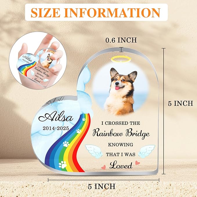 Custom Pet Memorial Plaque Gifts Rainbow Bridge Dog Memorial Gifts Personalized Pet Heart Shape Acrylic Plaque Pets Loss Sympathy Gift Dog Passed Away Gifts Cat Sympathy Bereavement Remembrance Gift