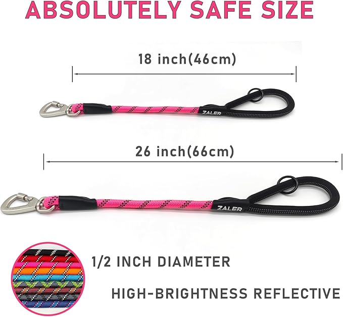ZALER Short Dog Leash, 26 Inches Rope Traffic Leashes for Dogs, Reflective Dog Lead with O-Ring, Heavy Duty Pet Leash for Large and Medium Dogs (26'' Pink)
