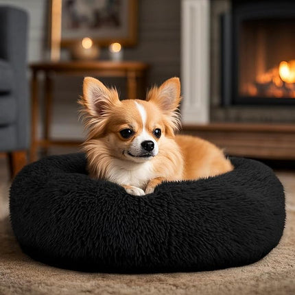 Hoewina Dog & Cat Bed, 20in Cat Beds for Indoor Cats, Calming Donut Bed for Puppy and Kitten, Washable Round Fluffy Pet Bed for Small Medium Dogs and Cats (Black)