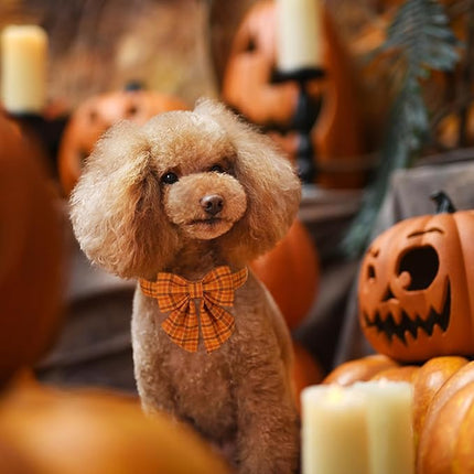 Maca Bates Fall Pumpkin Plaid Dog Collar with Sailor Bow Tie for Large Girl,Boy,Autumn Checkered Puppy Collars with Bowtie,Halloween Gingham Print Adjustable Breakaway Soft for Male Female Dogs