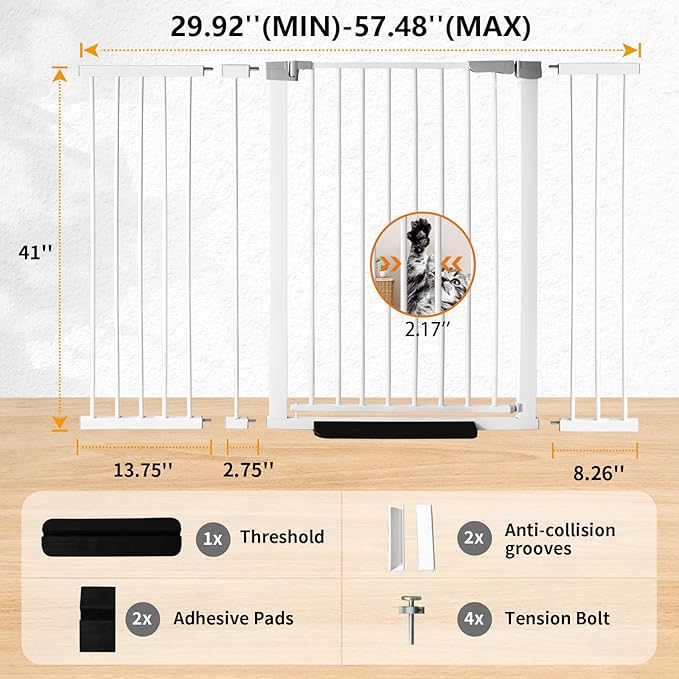 41" Tall Safety Pet Gate,Adjustable 29.92"-57.48" Wide,No Drilling Pressure Mount Kit,Auto Close Cat Gate Suitable for Stairs,Doorways,White (29.92"-57.48" W)