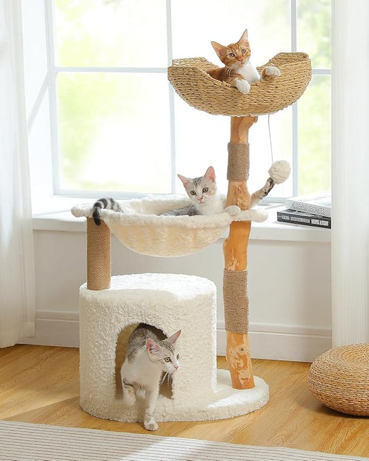 Modern Cat Tree for Large Cats, Wood Cat Tower for Indoor Cats, Real Branch Luxury Cat Furniture with Super Large Cozy Condo and Hammock & Scratching Post, Top Basket, White