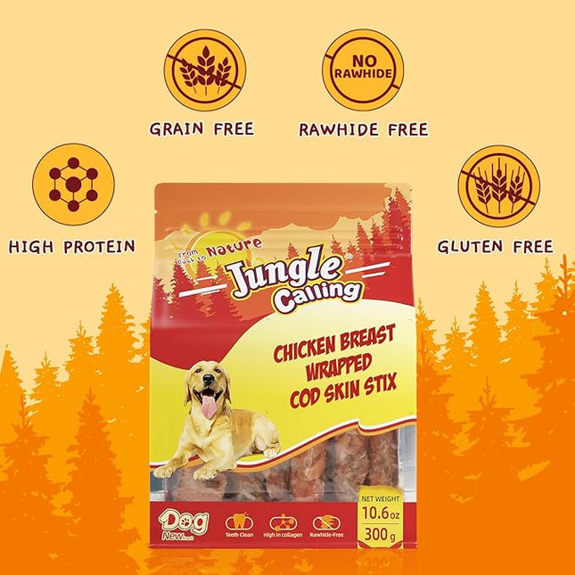 Jungle Calling Dog Treats, High Protein Dog Chewy Treats Health Teeth and Coat, Chicken Wrapped Cod Skin Sticks, Rawhide-Free Cod Fish Skin Snacks for Dogs, 10.6 oz