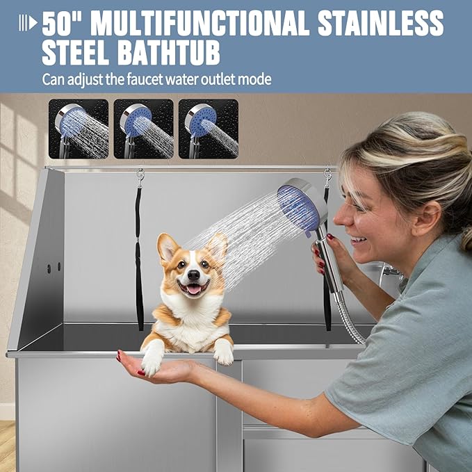Professional Stainless Steel Dog Grooming Tub W/Soap Box, Faucet,Rich Accessory, Bathtub For Multiple Pets, Washing Sink For Home