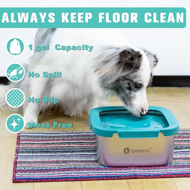 LumoLeaf 1 Gallon No Spill Dog Water Bowl, Stainless Steel Splash Proof Max Capacity Dog Water Bowl 4 Liter, Non-Slip Slow Water Feeder Dispenser with Replacement Filter, Vehicle Travel Water Bowl