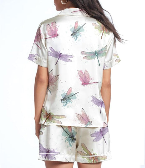 Women’s Silk Satin Pajama Set, Short Sleeve Button Down 2 Piece PJs with Shorts, Cozy Loungewear & Matching Holiday Pajamas