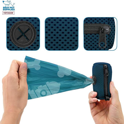 Best Pet Supplies Dog Poop Bag Holder Leash Attachment with 15 Bags, Blue, Reusable Mesh Dispenser Pouch for Travel, Walking, Park, and Outdoor Use, Soft and Durable with Clip-On