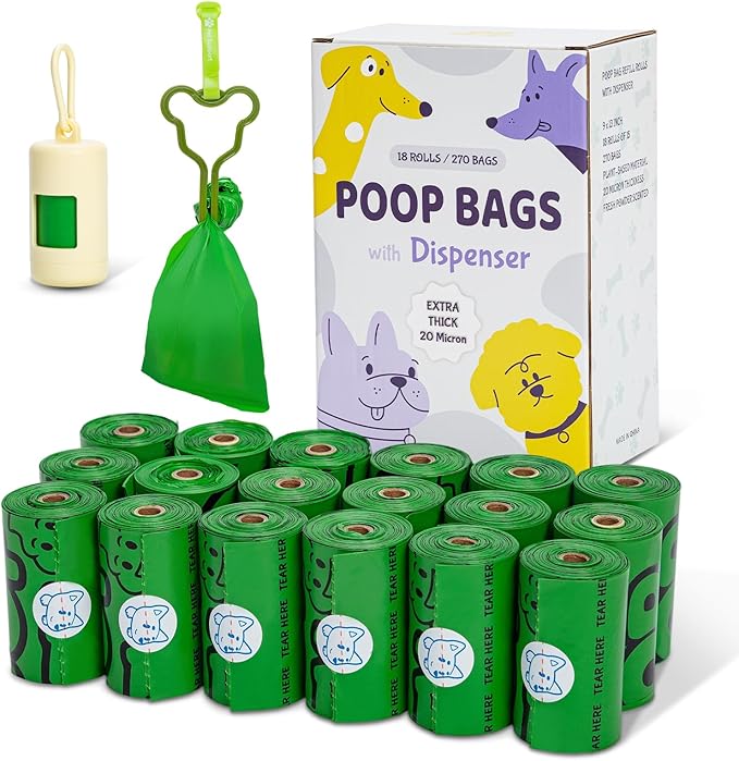 270 Count Scented Dog Poop Bags Rolls, 20 Micron Ultra Thick, Heavy Duty Tear Resistant Leak Proof for Yuck-Free Cleanup, Includes Dispenser & Leash Clip, 9 x 13 Inch, Duty Doodle (Green)