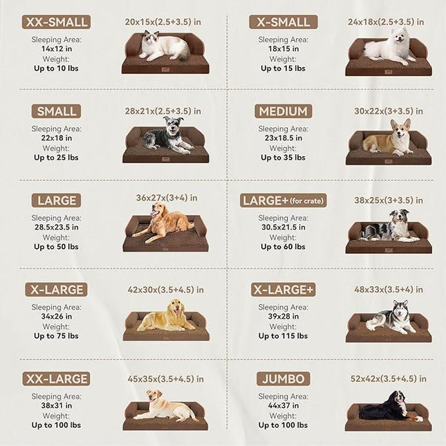 Large Dog Bed Orthopedic Washable - Memory Foam Couch Sofa - XXL Large Big Dogs - Beds Bolster Pet - Waterproof with Removable Cover - Coffee Dog Bed