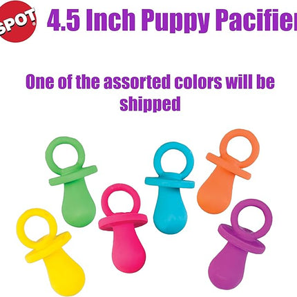 SPOT Puppy Pacifier Latex Dog Toy – Cute Binky-Shaped Chew Toy for Teething Puppies & Small Dogs, Best for Light Chewers, Durable & Non-Toxic with Squeaker, 4.5” – Assorted Colors