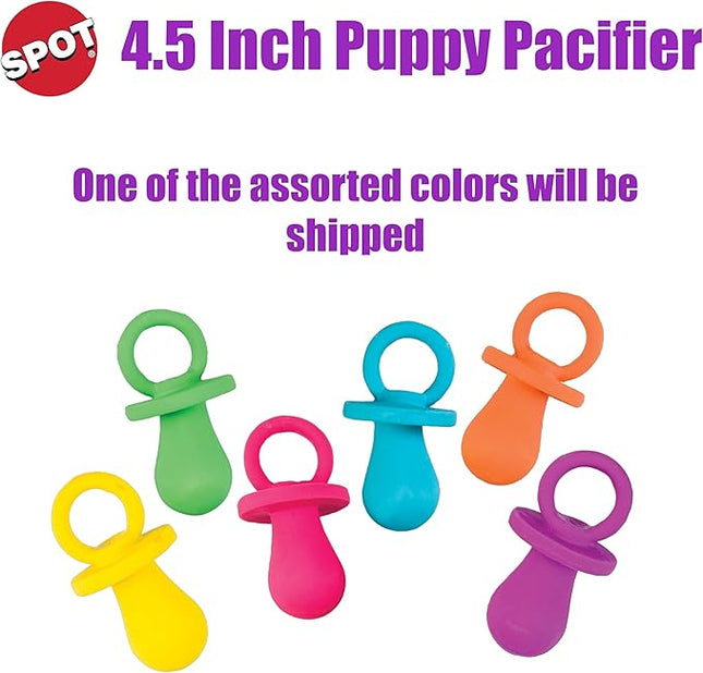 SPOT Puppy Pacifier Latex Dog Toy – Cute Binky-Shaped Chew Toy for Teething Puppies & Small Dogs, Best for Light Chewers, Durable & Non-Toxic with Squeaker, 4.5” – Assorted Colors