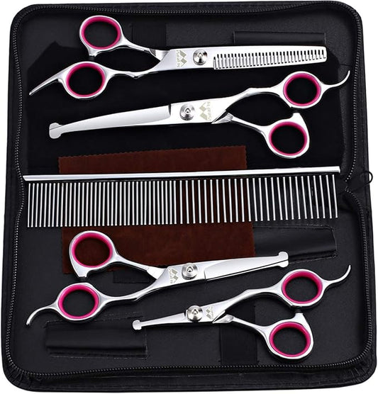 Dog Grooming Kit with Round Tip, 6 in 1 Cat Dog Grooming Scissors, Stainless Steel Pet Grooming Shears for Full Body, Face, Nose, Ear and Paw (pink)
