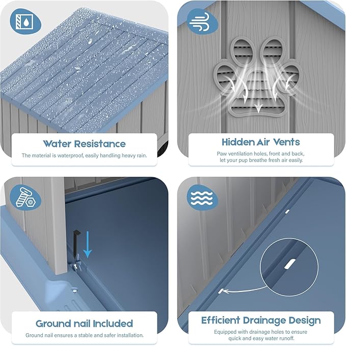 Large Dog House Outdoor Indoor for Medium Large Dogs, Durable Plastic Waterproof Doghouse with Air Vents and Elevated Floor, Easy Clean and Assemble (Classic Blue, 36.2''L×38''W×38''H)