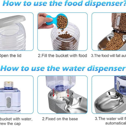 Automatic Cat Feeder and Water Dispenser with Stainless Steel Bowl Gravity Food Feeder and Waterer Set for Small Medium Dog Puppy Kitten 1 Gallon x 2(Grey)