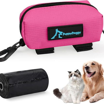 PuppyDoggy 1 Pack Poop Bag Holder for Dogs & Cats Waste Bag Dispenser Pouch with 1 Roll of Free Poop Bags - Dog Leash Accessory & Bicycle (Pink)