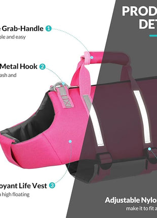 Queenmore XS Dog Life Jacket,Dog Life Vest for Swimming,Dog Floating Vest for Boating,Pet Puppy Lightweight Adjustable Reflective Lifesaver Vest with Back Zip,Rescue Handle,Leash Hook(Fuchsia XS)