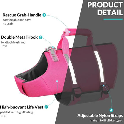Queenmore Medium Dog Life Jacket,Dog Life Vest for Swimming,Dog Floating Vest for Boating,Pet Puppy Lightweight Adjustable Reflective Lifesaver Vest with Back Zip,Rescue Handle,Leash Hook(Fuchsia M)
