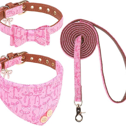 EXPAWLORER Dog Collar and Leash Set - Pink Bowknot Dog Bow Tie and Dog Bandana Collar with Bell, Dog Leash Tangle Free, Adjustable Collars for Small Medium Large Dogs Cats, Holiday Ideal Gift, S