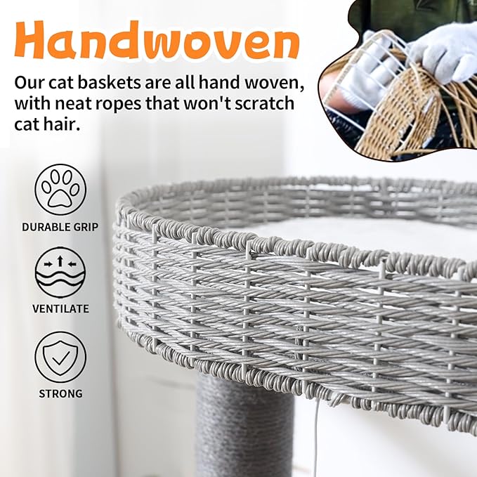 Cat Tree with Cat Scratching Post for Multiple Cats, Natural Wood Cat Tower with Handwoven Sisal Posts, Extra Thick Sturdy Base, Multi-Level Perches and Plush Condos for Indoor Cats (Grey, 50+in)