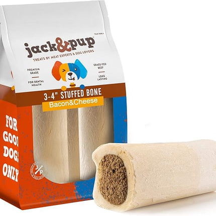 Jack&Pup 3-4" Filled Dog Bones for Small and Large Dogs, Flavored Shin Dog Bones Long Lasting, Stuffed Bone for Dogs, High Protein, Bacon and Cheese Flavor - 4 Pack