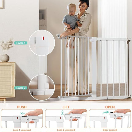 COMOMY 30" Tall Baby Gate for Stairs Doorways, Fits Openings 29.5" to 46" Wide, Auto Close Extra Wide Dog Gate for House, Pressure Mounted Easy Walk Through Pet Gate with Door, White