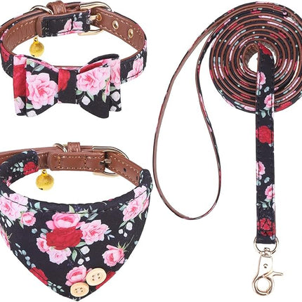 EXPAWLORER Classic Plaid Dog Collar and Leash Set - Bow Tie and Bandana Collar with Bell, Tangle Free Leash, Adjustable for Small to Large Dogs and Cats, Perfect