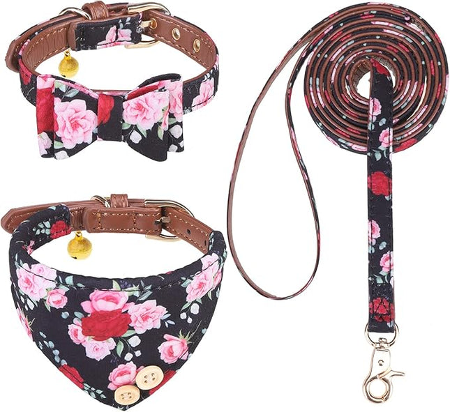 EXPAWLORER Classic Plaid Dog Collar and Leash Set - Bow Tie and Bandana Collar with Bell, Tangle Free Leash, Adjustable for Small to Large Dogs and Cats, Perfect