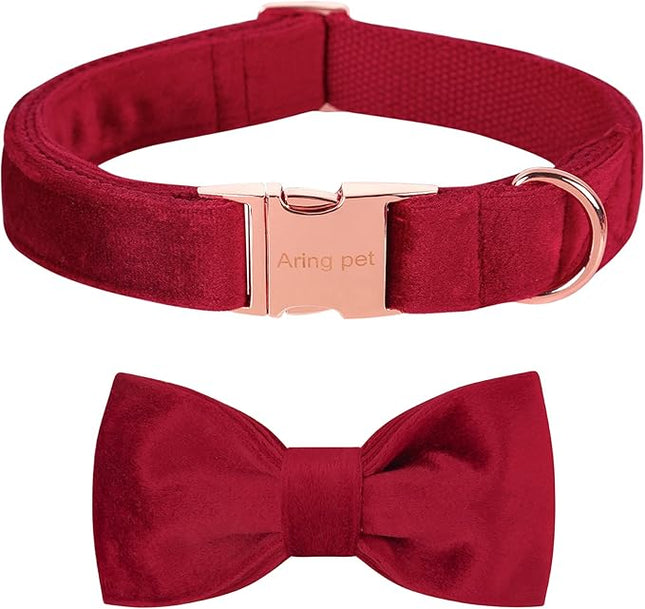 ARING PET Velvet Dog Collar-Soft Bowtie Dog Collars with Metal Buckle, Cute&Comfortable Christmas Red Dog Collar with Bow for Small Medium Large Dogs