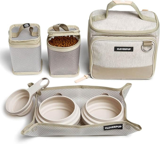 Small 7-Piece Bistro Box Dog Food Travel Kit, 6-Cup Kibble Storage, 2 Silicone Bowls, Mat & Scoop - Premium Portable Pet Food Kit for Weekends, Overnights, Daycare & Camping, Sand