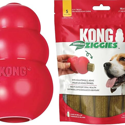 KONG Classic Toy & Enhanced Ziggies Treats Combo Pack - Durable Chew Toy for Dogs - with Enhanced Ziggies Treats - Dog Accessories for Fun & Health - for Small Dogs