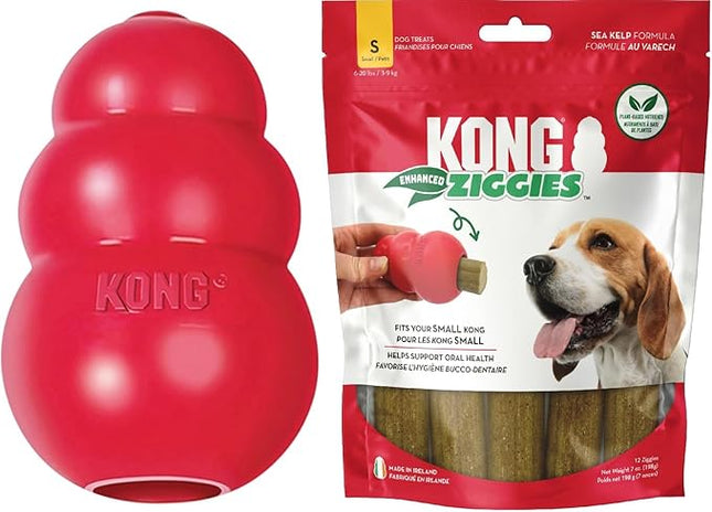 KONG Classic Toy & Enhanced Ziggies Treats Combo Pack - Durable Chew Toy for Dogs - with Enhanced Ziggies Treats - Dog Accessories for Fun & Health - for Small Dogs