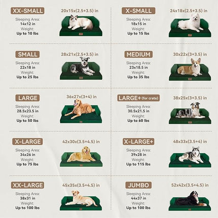 Large Dog Bed Orthopedic Washable - Waterproof Removable Cover - Medium XLarge Big Dogs - Egg Foam Couch - Emerald Dog Beds Bolster with Sides