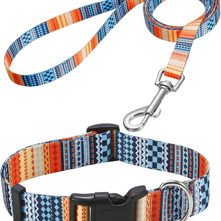 Dog Collar and Leash Set with Bohemia Floral Tribal Geometric Patterns - Soft Ethnic Style Collar Adjustable for Small Medium Large Dogs(Bohemian Orange Set,XS)