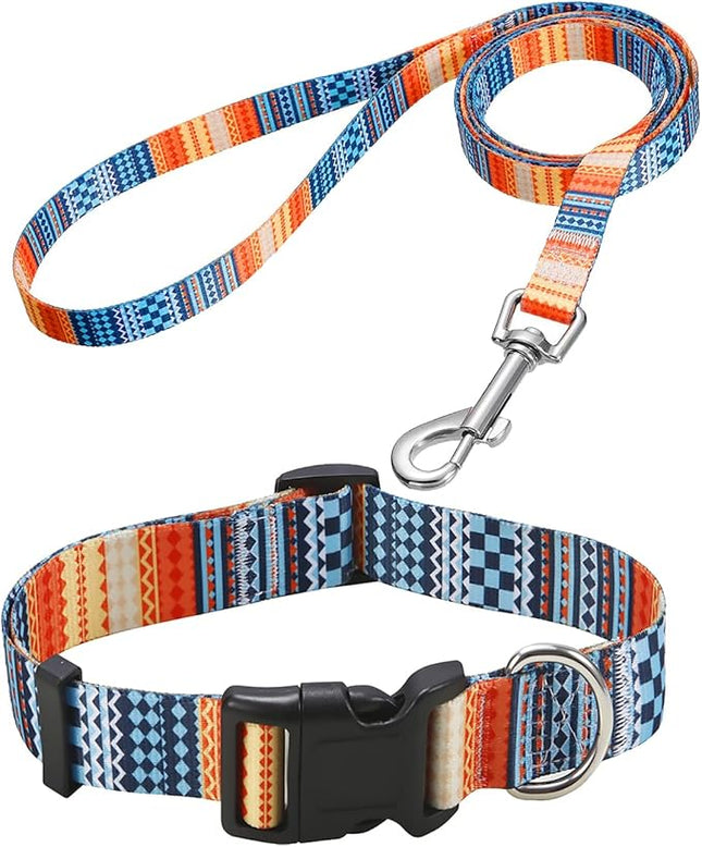 Dog Collar and Leash Set with Bohemia Floral Tribal Geometric Patterns - Soft Ethnic Style Collar Adjustable for Small Medium Large Dogs(Bohemian Orange Set,L)