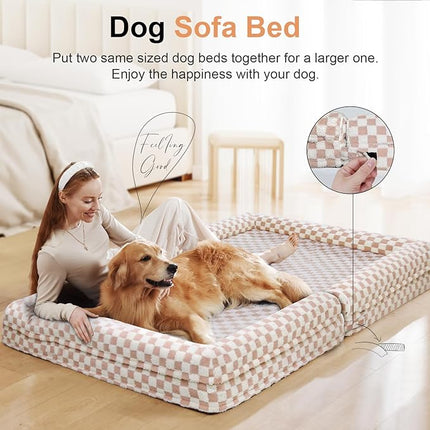 Large Dog Bed Orthopedic Washable: Beds Bolster XXL Bed Big XLarge Dogs Egg Crate Foam Sofa Couch Waterproof Removable Cover - Pink Grid