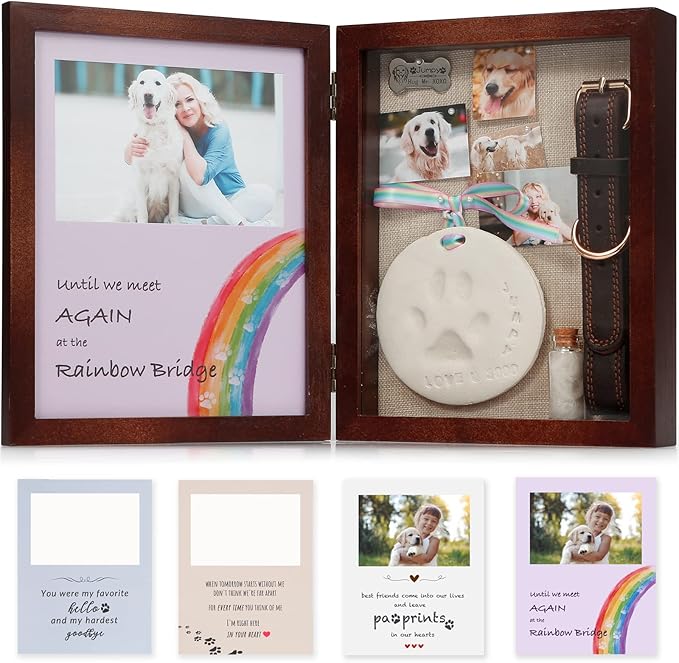 JupDec Dog Memorial Gifts Pet Shadow Box Wooden Picture Frame with Clay Paw Print Kit for Loss of Dog & Cat Remembrance Sympathy Deep Display Case for Keepsake Collar Hair (Brown)