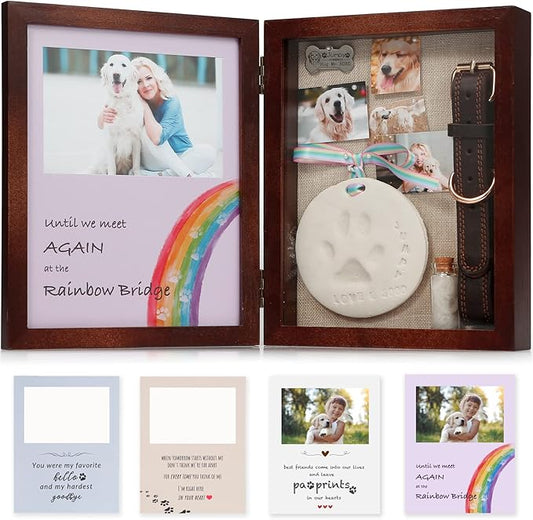 JupDec Dog Memorial Gifts Pet Shadow Box Wooden Picture Frame with Clay Paw Print Kit for Loss of Dog & Cat Remembrance Sympathy Deep Display Case for Keepsake Collar Hair (Brown)