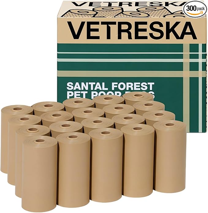 VETRESKA Dog Poop Bags, Leak Proof, Extra Thick and Large Pet Waste Bags for Dog Walking and Cat Litter, Sandalwood & Almond Scented, 300 Bags