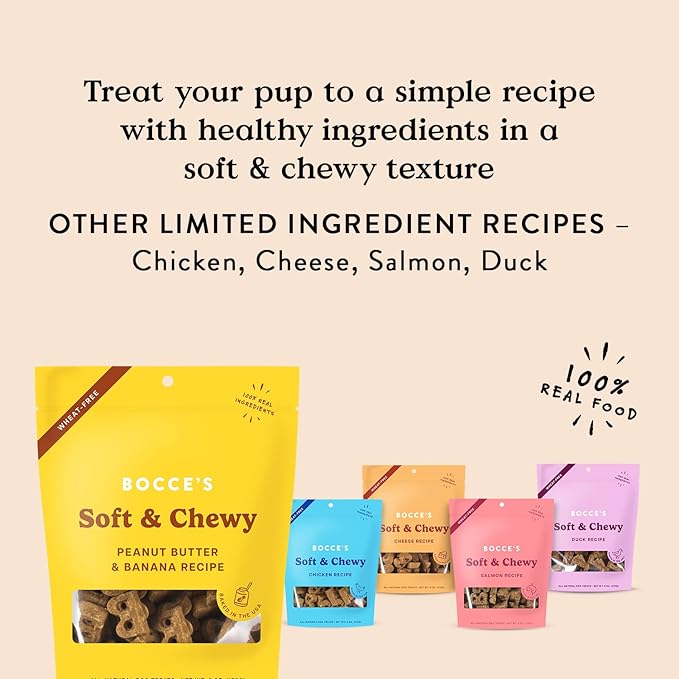 Bocce's Bakery Oven Baked PB & Banana Recipe Treats for Dogs, Wheat-Free Everyday Dog Treats, Real Ingredients, Baked in The USA, All-Natural Soft & Chewy Cookies, Peanut Butter & Banana, 6 oz