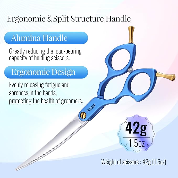 Professional Left Handed Curved Dog Grooming Scissors with Sharper Self Grinding lightweight and finely trimmed split structure 6.5'' Japan VG10 63HRC for small dogs cat pet(Blue)