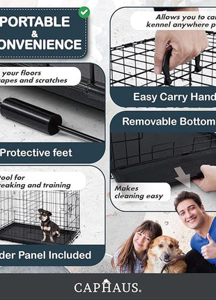 CAPHAUS Foldable Dog Crate Wire Metal Kennel w/Leak-Proof Pan & Protecting Feet & Divider Panel, Small, Medium & Large Indoor Cage, 48” w/Single or Double Doors