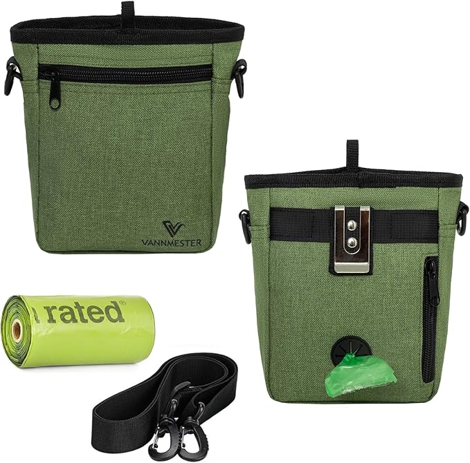 Dog Treat Pouch with Stronger Magnetic Closure Dog Treat Pouch 4 Cup Front Pocket fits All Phones Built-in Poop Bag Dispenser (Green)